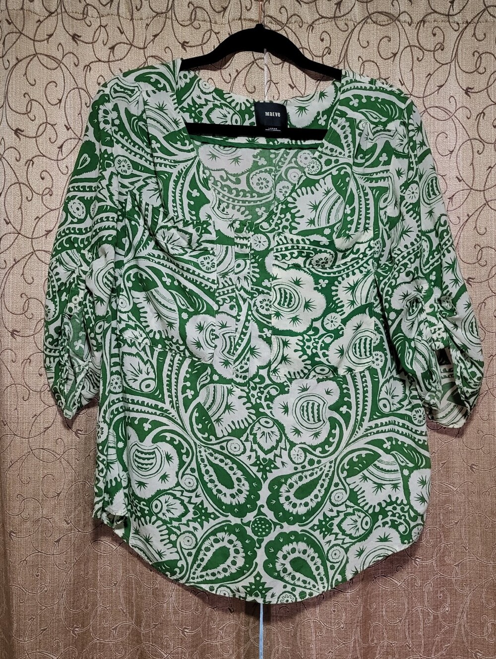 Womens MAEVE Green White RAYON Blouse 3/4 Sleeve Shirt Top Paisley Print Tunic L